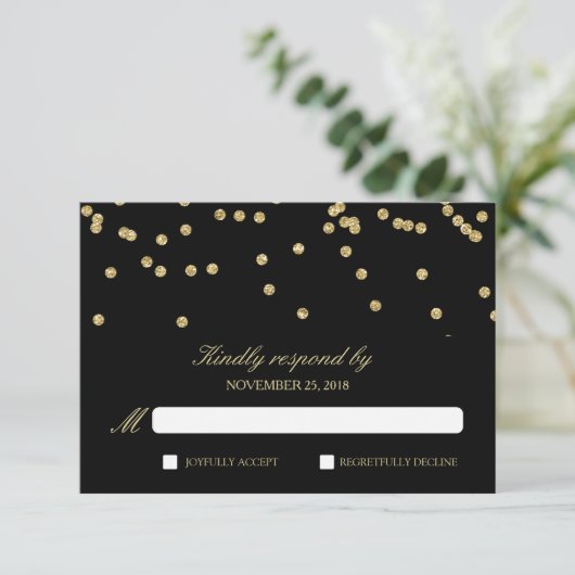 Elegant zwart en goud Confetti Polka-Stippen RSVP (Staand voorkant)