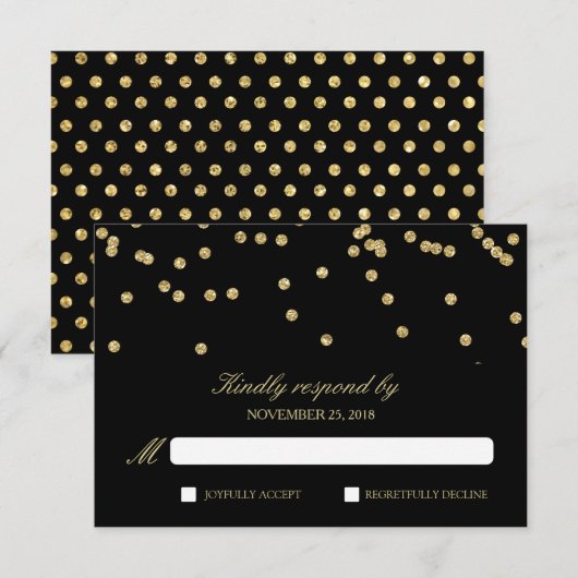 Elegant zwart en goud Confetti Polka-Stippen RSVP (Voorkant / Achterkant)