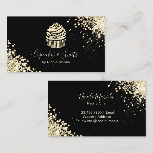 Elegant Zwart en Goud Cupcake Bakkerij Gebak Chef Visitekaartje (Voorkant / Achterkant)