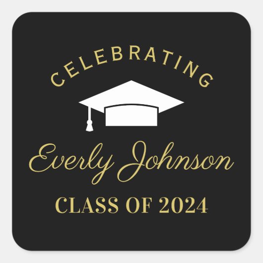 Elegant Zwart en Goud Custom 2025 Afstuderen Vierkante Sticker (Voorkant)
