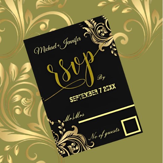 Elegant Zwart en Goud Custom Design Bruiloft RSVP Kaartje