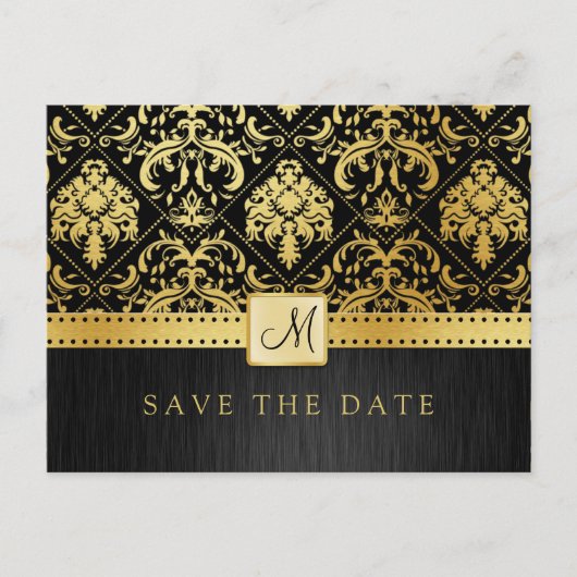 Elegant zwart en goud Damask Save the Date Aankondigingskaart (Voorkant)