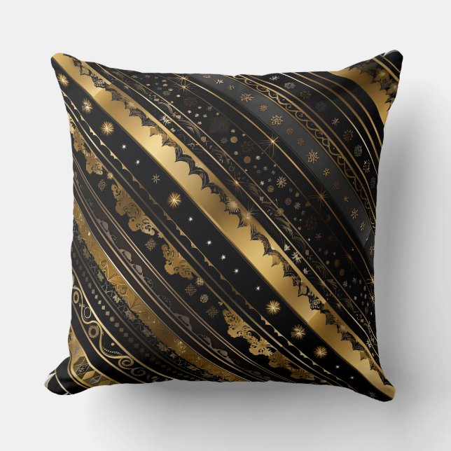 Elegant zwart en goud diagonaal gestreept kussen (Voorkant)