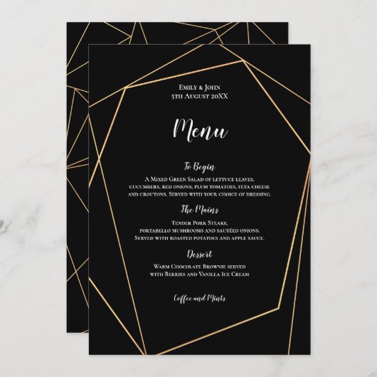 Elegant Zwart en Goud Eenvoudig Geometrisch Lijst Menu (Voorkant / Achterkant)