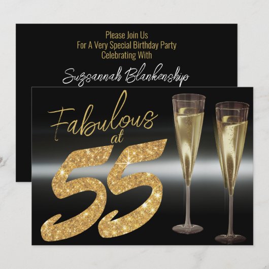 Elegant Zwart en Goud Fabulous op 55 Party Kaart (Voorkant / Achterkant)