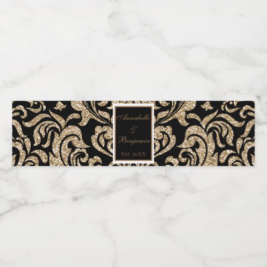 Elegant Zwart en Goud Faux Glitter Bruiloft Waterfles Etiket (Enkel label)