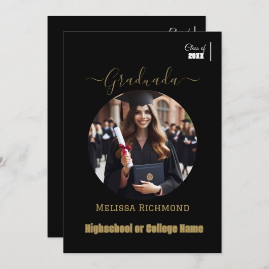 Elegant Zwart en goud Foto Spaans Afgestudeerd Aankondiging (Voorkant / Achterkant)