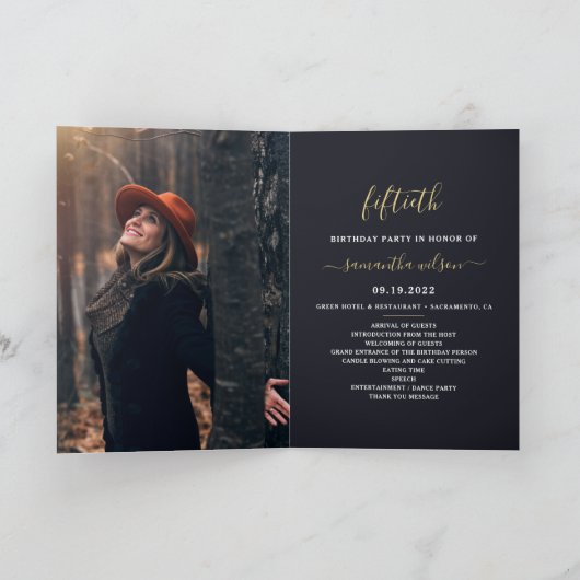 Elegant zwart en goud foto verjaardagsfeestje programma (Binnen)