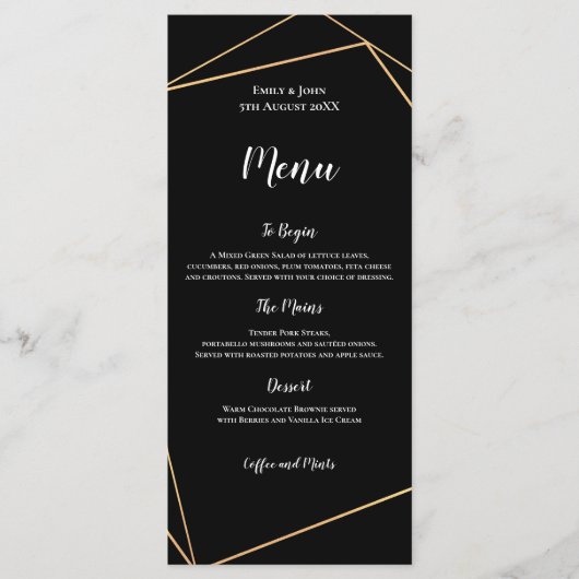 Elegant Zwart en Goud Geometrisch Lijst Bruiloft Menu (Voorkant)