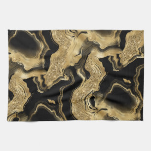 Elegant zwart en goud glinsterend agaatpatroon theedoek