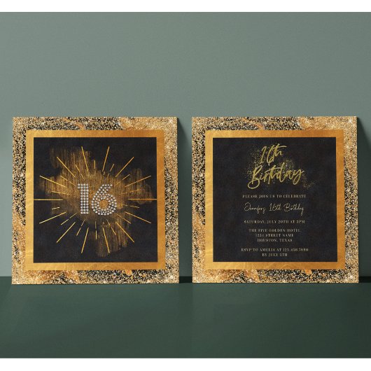 Elegant zwart en goud glitter 16e verjaardag kaart
