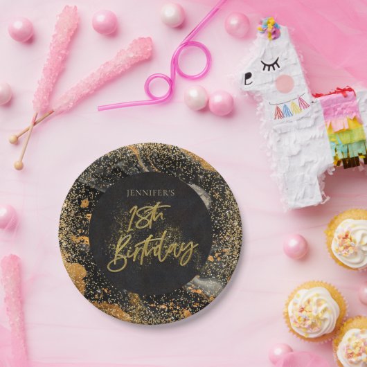 Elegant zwart en goud glitter 18e verjaardag papieren bordje (Feest)