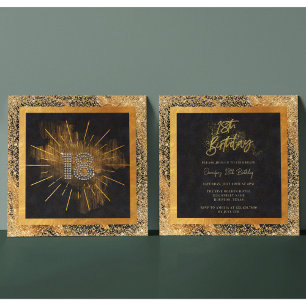 Elegant Zwart en Goud Glitter 18e Verjaardagsfeest Kaart