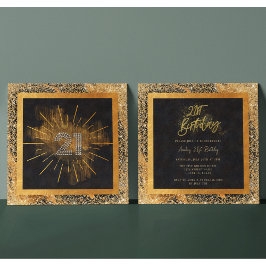 Elegant zwart en goud glitter 21e verjaardagsfeest kaart