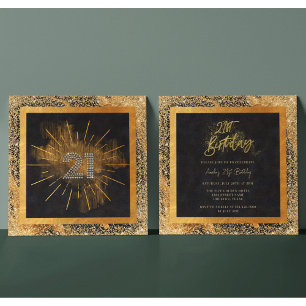 Elegant zwart en goud glitter 21e verjaardagsfeest kaart