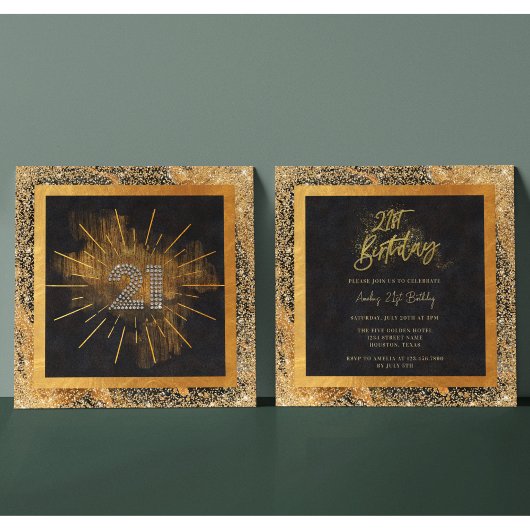 Elegant zwart en goud glitter 21e verjaardagsfeest kaart