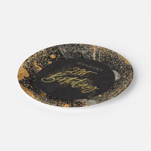 Elegant zwart en goud glitter 21e verjaardagsfeest papieren bordje (Gekanteld)