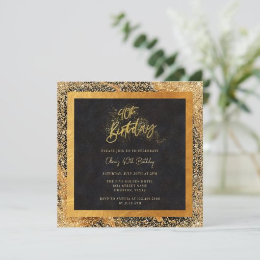 Elegant zwart en goud glitter 40e verjaardagsfeest kaart (Staand voorkant)