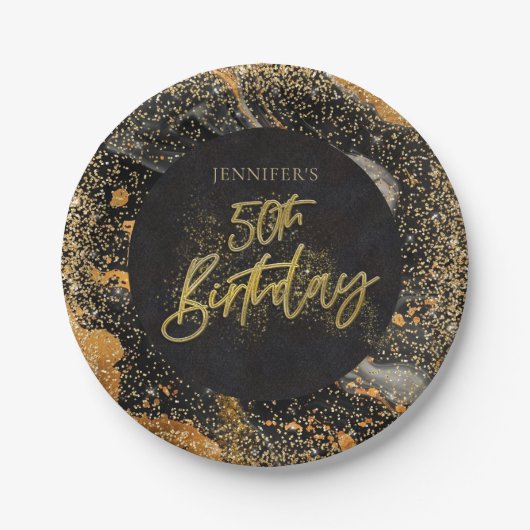 Elegant zwart en goud glitter 50ste verjaardagsfee papieren bordje (Voorkant)