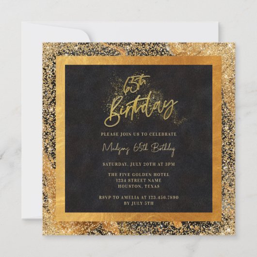 Elegant zwart en goud glitter 65e verjaardagsfeest kaart (Voorkant)