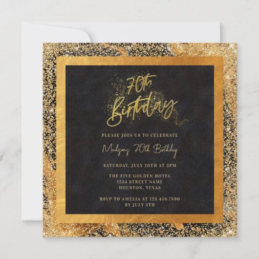 Elegant zwart en goud glitter 70ste verjaardagsfee kaart (Voorkant)
