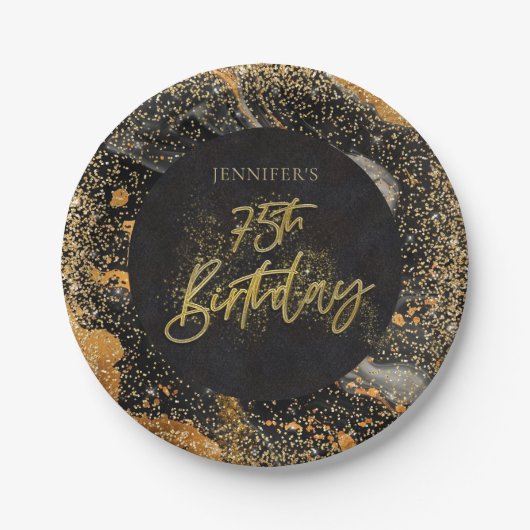 Elegant zwart en goud glitter 75e verjaardag papieren bordje (Voorkant)