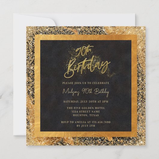 Elegant zwart en goud glitter 90ste verjaardagsfee kaart (Voorkant)