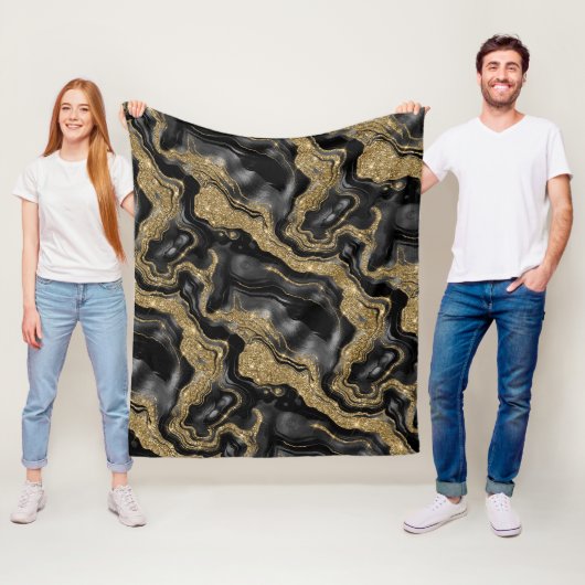 Elegant zwart en goud Glitter Agaat Patroon Fleece Deken (In situ)