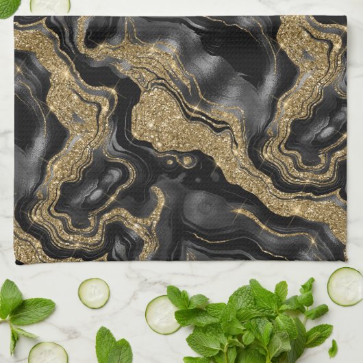 Elegant zwart en goud Glitter Agaat Patroon Theedoek (Gevouwen)