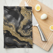 Elegant zwart en goud Glitter Agaat Patroon Theedoek (Quarter Fold)