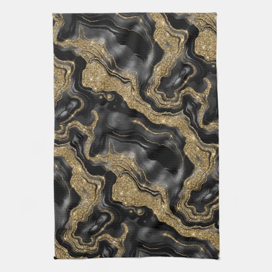 Elegant zwart en goud Glitter Agaat Patroon Theedoek (Verticaal)