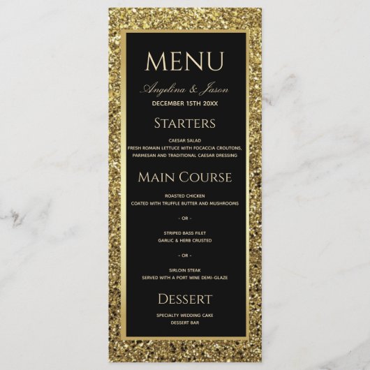 Elegant Zwart en Goud Glitter Bruiloft Menu (Voorkant)