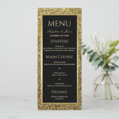 Elegant Zwart en Goud Glitter Bruiloft Menu (Staand voorkant)