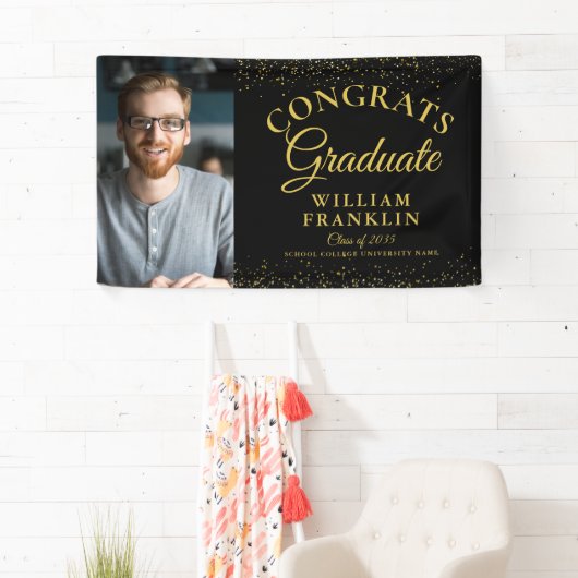 Elegant zwart en goud glitter foto Afstuderen Spandoek (Insitu)
