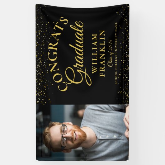 Elegant zwart en goud glitter foto Afstuderen Spandoek (Verticaal)