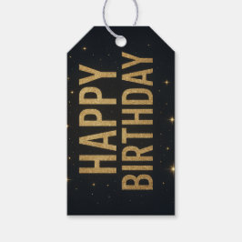 Elegant zwart en goud glitter Happy Birthday Cadeaulabel