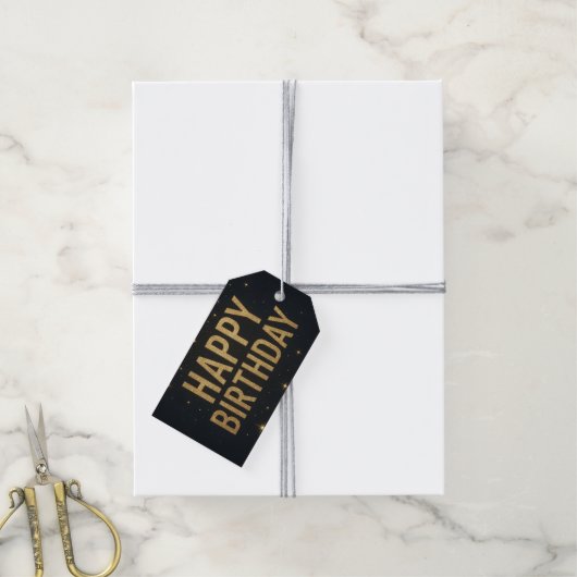 Elegant zwart en goud glitter Happy Birthday Cadeaulabel (Met Touw)