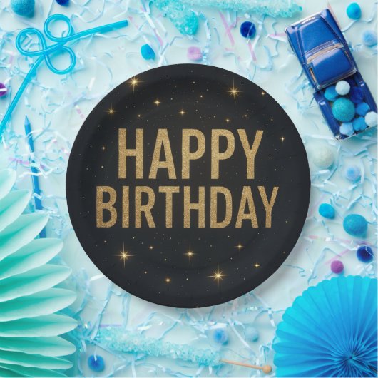 Elegant zwart en goud glitter Happy Birthday Papieren Bordje (Feest)