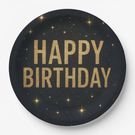 Elegant zwart en goud glitter Happy Birthday Papieren Bordje (Voorkant)