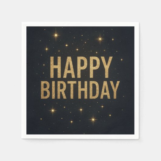 Elegant zwart en goud glitter Happy Birthday Servet (Voorkant)