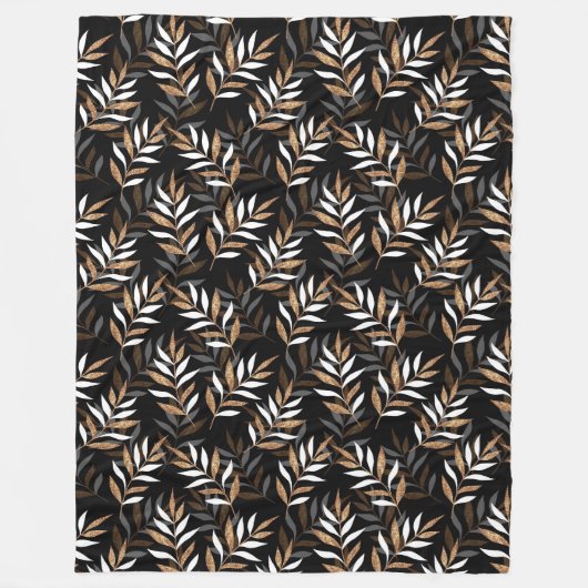 Elegant Zwart en Goud Glitter Leaves Patroon Fleece Deken (Voorkant)