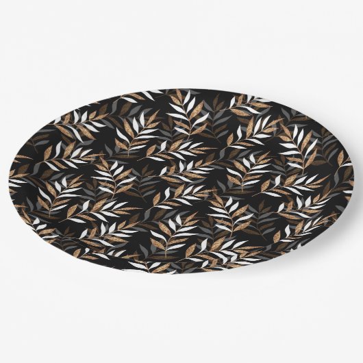 Elegant Zwart en Goud Glitter Leaves Patroon Papieren Bordje (Gekanteld)