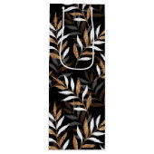Elegant Zwart en Goud Glitter Leaves Patroon Wijn Cadeautas (Voorkant)