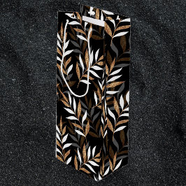 Elegant Zwart en Goud Glitter Leaves Patroon Wijn Cadeautas