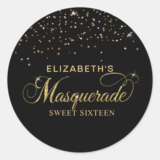 Elegant Zwart en Goud Glitter Masquerade Party Ronde Sticker (Voorkant)