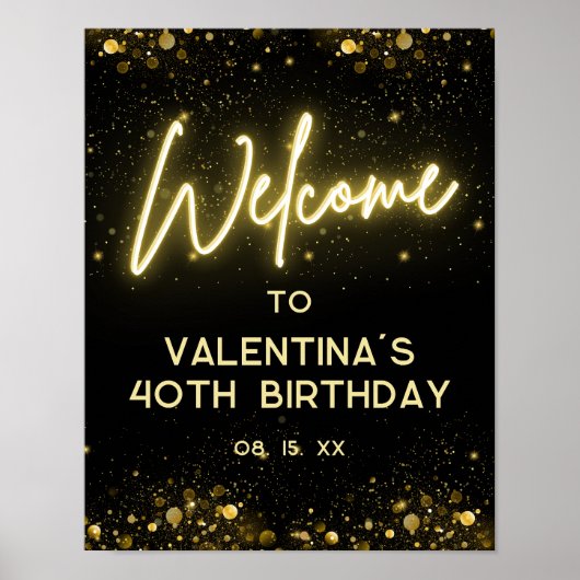 Elegant zwart en goud glitter neongloed welkom poster (Voorkant)