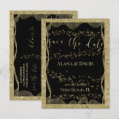 Elegant zwart en goud glitter Save the Date Aankondigingskaart (Voorkant / Achterkant)