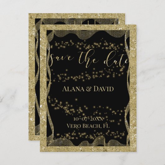 Elegant zwart en goud glitter Save the Date Aankondigingskaart (Voorkant / Achterkant)