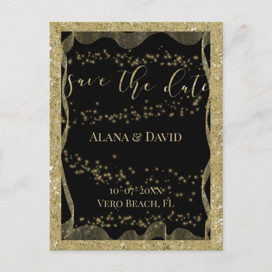 Elegant zwart en goud glitter Save the Date Aankondigingskaart (Voorkant)