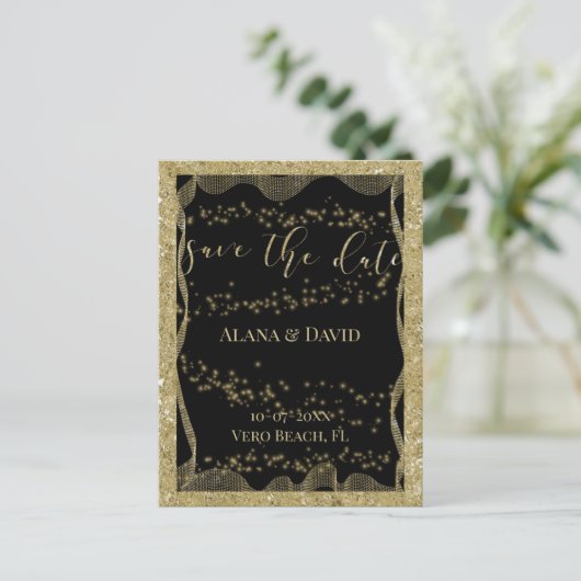 Elegant zwart en goud glitter Save the Date Aankondigingskaart (Staand voorkant)